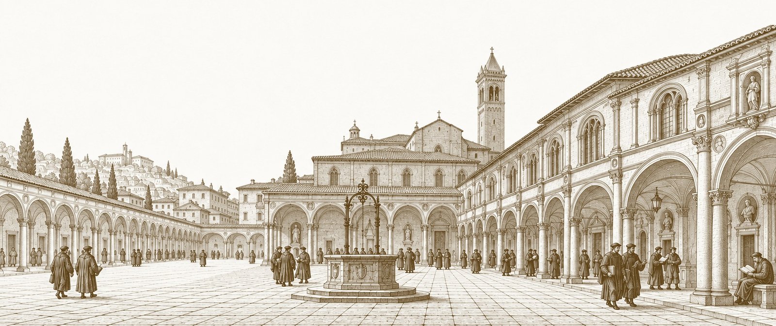 Incisione: il chiostro porticato di un&rsquo;antica universit&agrave;